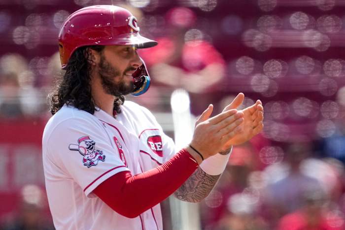 Cincinnati Reds second baseman Jonathan India (6) applauds a TJ Friedl RBI single in the third inning of the MLB Interleague game between the Cincinnati Reds and the Minnesota Twins at Great American Ball Park in downtown Cincinnati on Wednesday, Sept. 20, 2023.